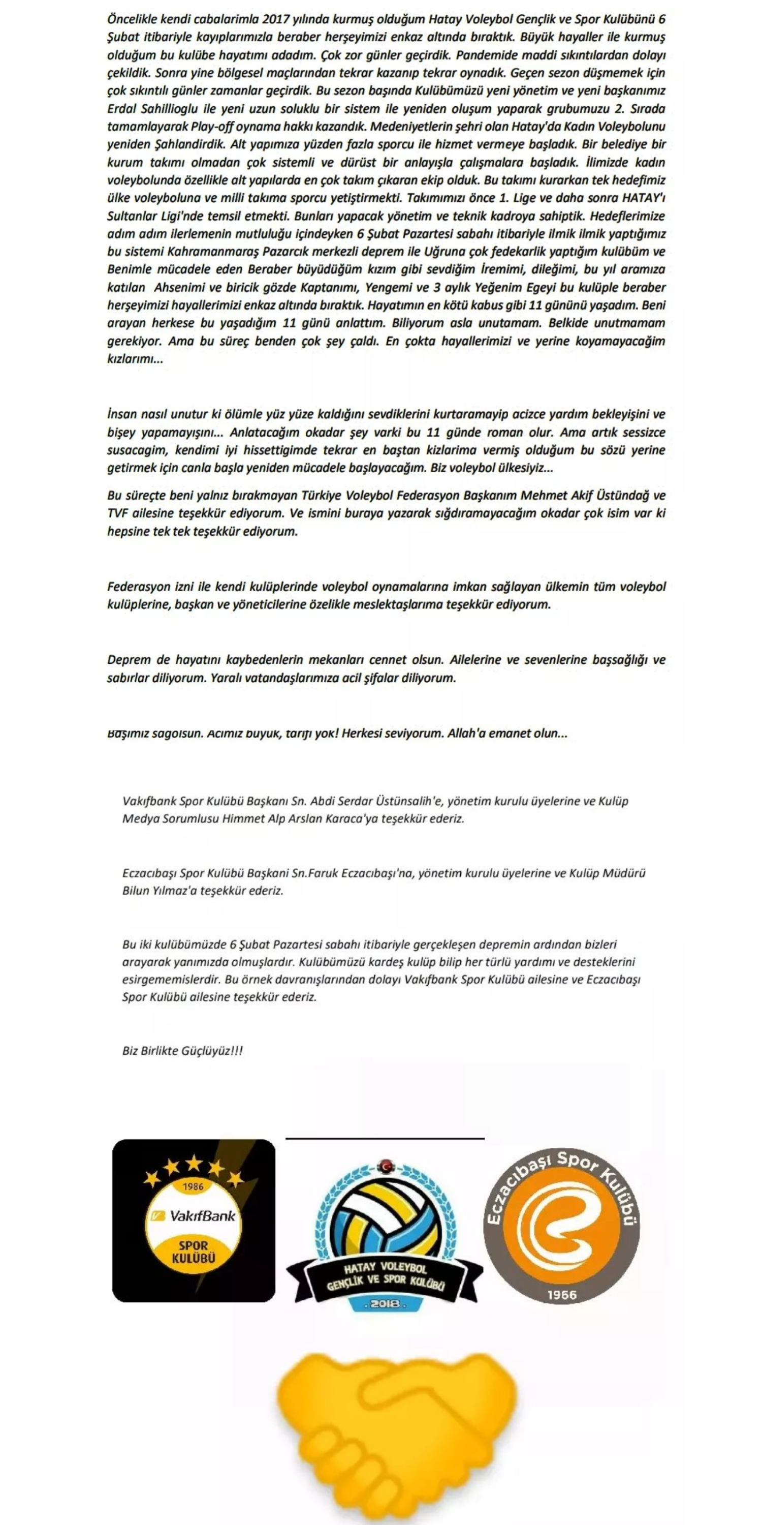 Rasus Kimya Hatay Voleybol Takımı Teşekkür Paylaşımı Yaptı